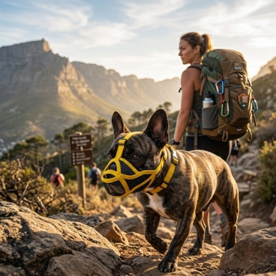 Bouledogue Français bringé avec une muselière bouledogue jaune en randonnée face à la montagne.