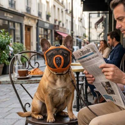 Museliere bouledogue français fauve assis en terrasse à côté d'un homme lisant Le Monde.