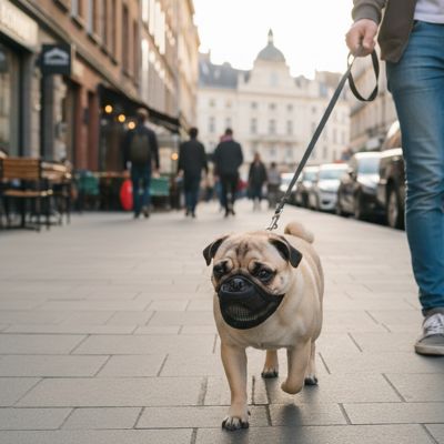 Carlin en laisse avec une muselière pour bouledogue français marchant sur un trottoir en ville.