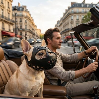 Chien assis en voiture décapotable à Paris avec sa muselière bouledogue français de protection.