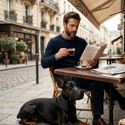 Doberman couché en terrasse de café avec une muselière chien anti aboiement.
