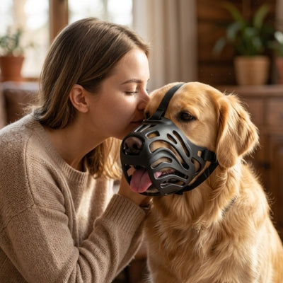 Femme embrassant son Golden Retriever portant une muselière chien anti aboiement.
