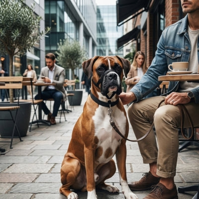 Chien Boxer assis à une terrasse de café en ville avec sa muselière chien boire.