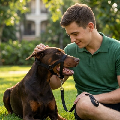 Doberman marron assis dans l'herbe avec son maître et une muselière chien boire noire.
