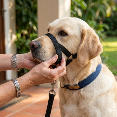 Gros plan sur un Labrador portant une muselière chien boire ajustable tenue par une main.