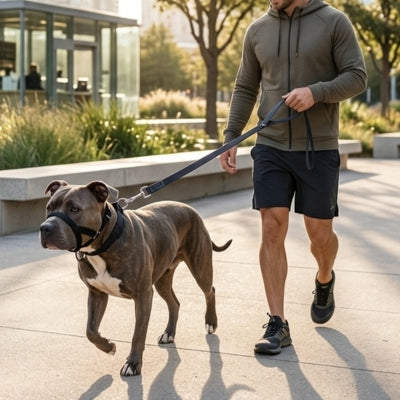 Pitbull en promenade urbaine tenu en laisse, équipé d'une muselière chien boire confortable.