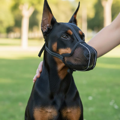 Gros plan d'un Doberman portant une muselière chien en filet noir avec liseré gris.