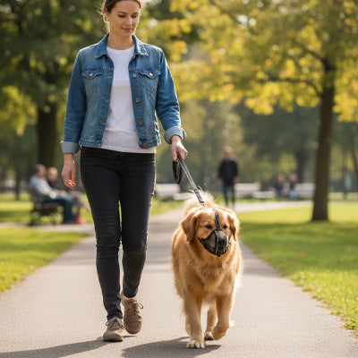 Femme en veste en jean promenant un Golden Retriever avec une muselière chien noire.