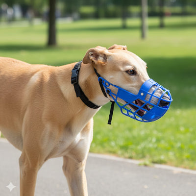 Chien Greyhound beige portant une muselière chien panier bleue en extérieur dans un parc.