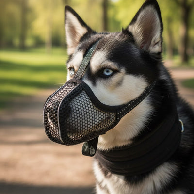 Portrait de profil d'un Husky aux yeux bleus portant une muselière chien en mesh respirant.