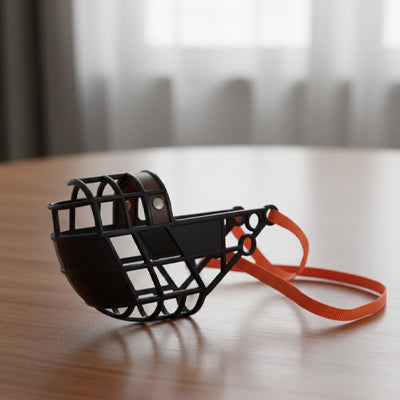Muselière chien de type panier noire avec sangles orange posée sur une table en bois.