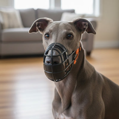 Chien Whippet gris portant une muselière chien noire avec une boucle orange en intérieur.