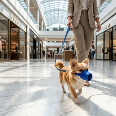 Chihuahua à poils longs avec muselière chihuahua bleue dans un centre commercial de luxe.