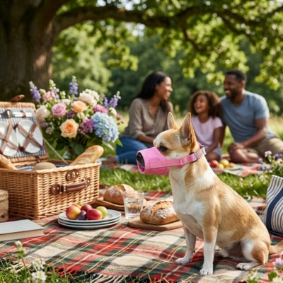 Petit chien portant une muselière chihuahua rose lors d'un pique-nique familial sous un arbre.