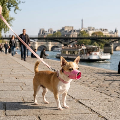 Chihuahua avec une muselière chihuahua rose en laisse sur les quais de Seine à Paris.