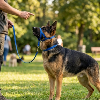 Chien Berger Allemand assis avec une muselière pour berger allemand bleue écoutant son maître.