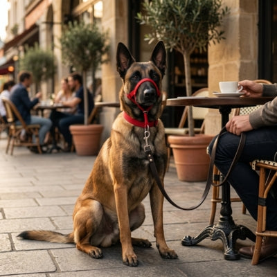 Malinois assis en terrasse avec une muselière pour berger allemand rouge près d'une table.