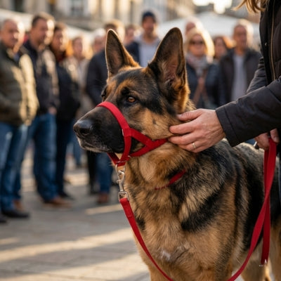 Berger Allemand avec une muselière pour berger allemand rouge au milieu d'une foule en ville.