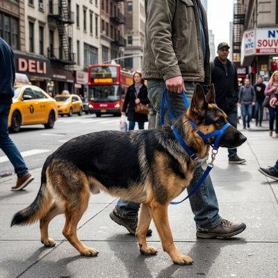 Berger Allemand marchant en ville avec une muselière pour berger allemand bleue et une laisse.