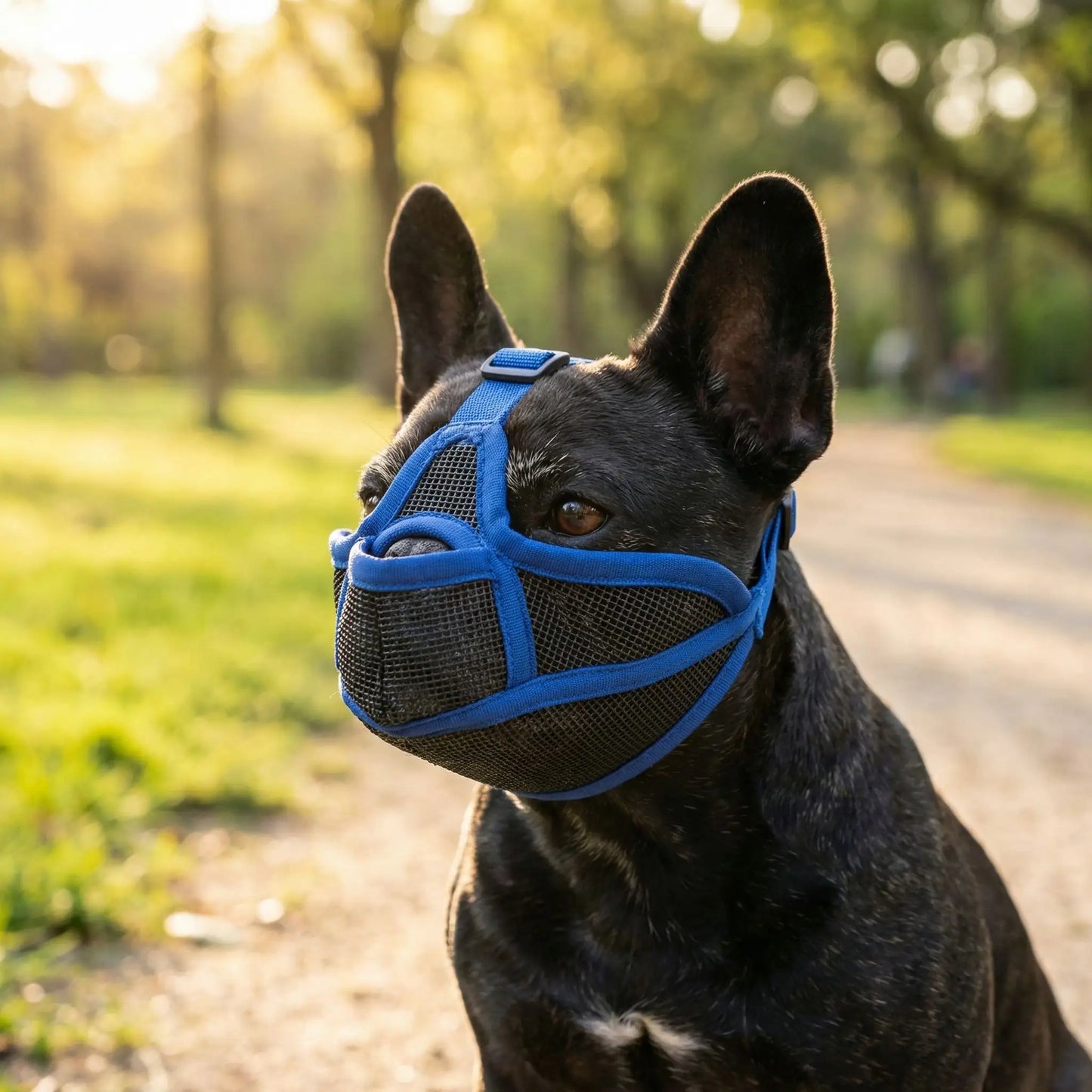 Portrait de profil d'un bouledogue français avec une muselière pour bouledogue français bleue.