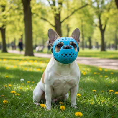 Bouledogue français assis dans l'herbe portant une muselière pour bouledogue français bleue.