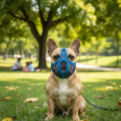 Bouledogue français fauve assis dans un parc avec une muselière pour bouledogue français bleue.