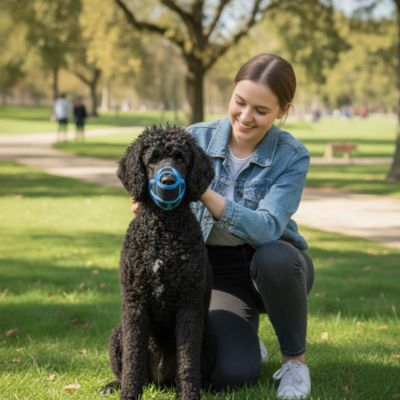 Femme souriante avec un caniche noir portant une muselière pour bouledogue français bleue.