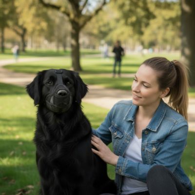Femme caressant un chien noir à poils longs avec une muselière pour bouledogue français noire.