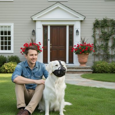Homme assis avec un Golden Retriever portant une muselière pour bouledogue français noire.