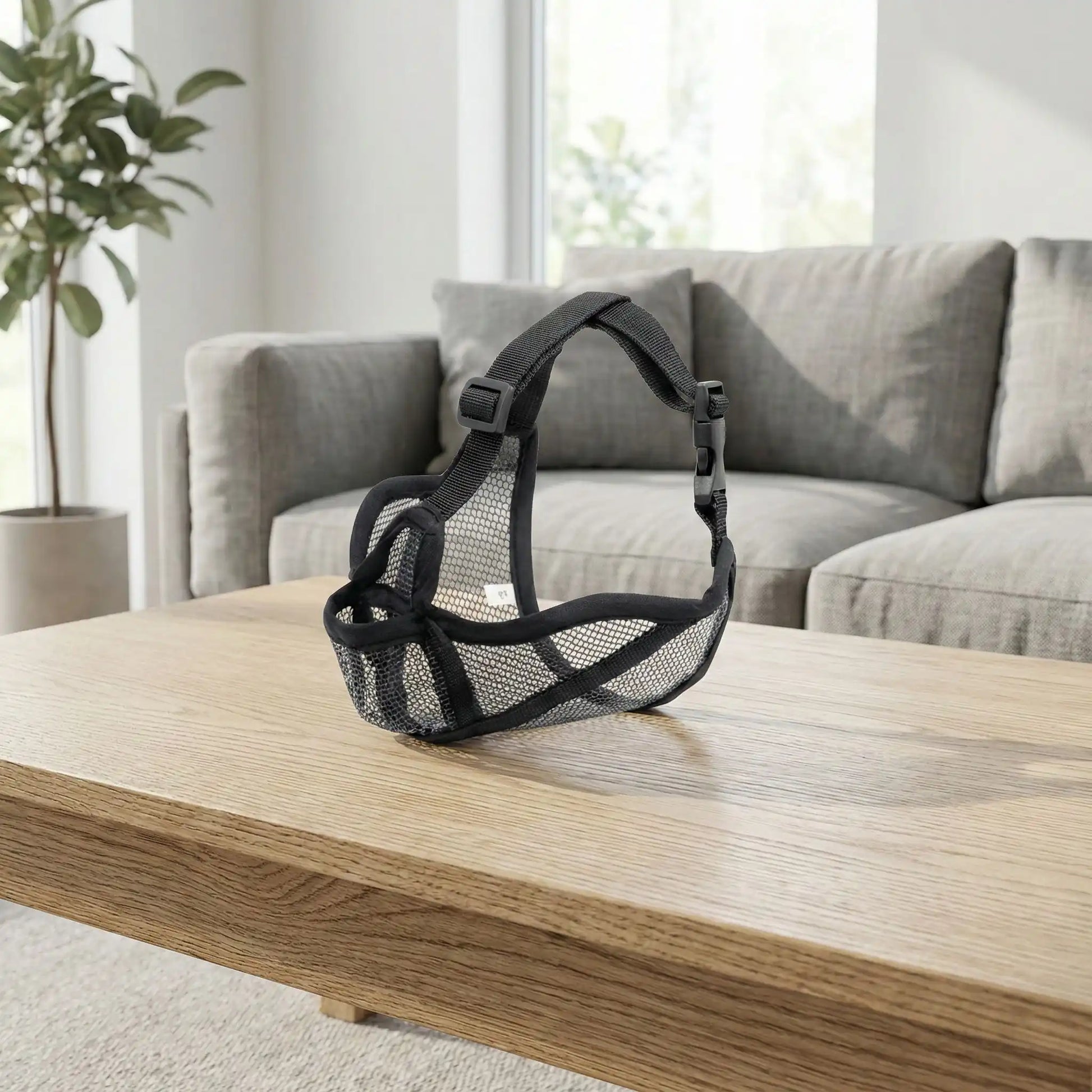Muselière pour bouledogue français en maille noire posée sur une table en bois dans un salon.