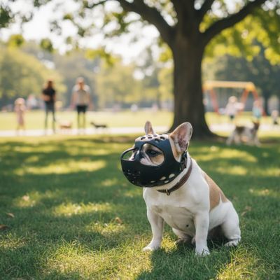 Profil d'un bouledogue français muselé avec une muselière pour bouledogue français noire au parc.