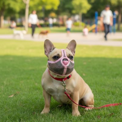 Bouledogue français avec collier rouge et muselière pour bouledogue français rose dans l'herbe.