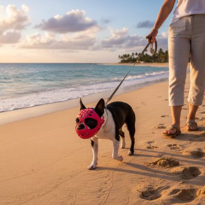 Bouledogue français marchant sur la plage avec une muselière pour bouledogue français rose.