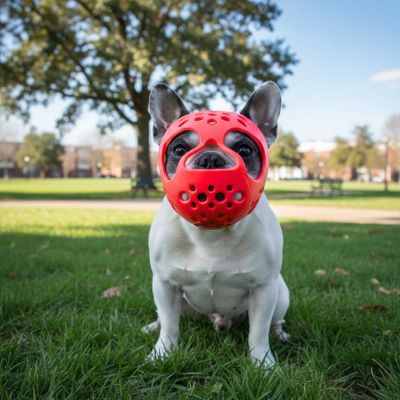 Vue de face d'une muselière pour bouledogue français rouge sur un chien blanc dans un parc.