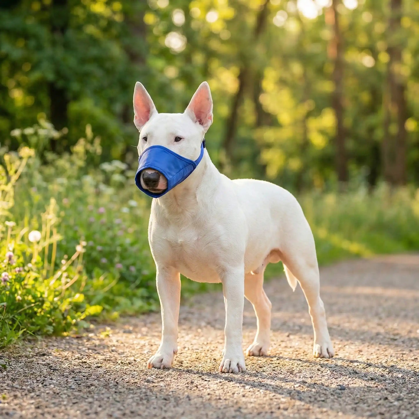 Bull Terrier blanc debout en forêt portant une muselière pour chien bleue.