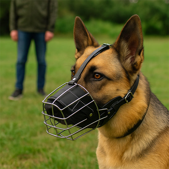 Berger Allemand portant une muselière pour chien de type panier en métal et cuir noir.
