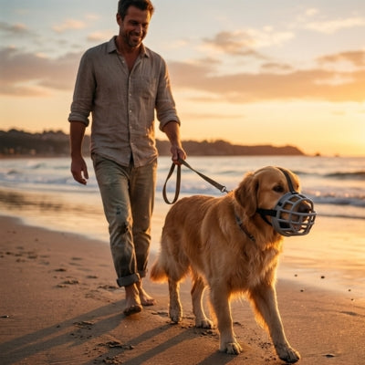 Golden Retriever et son maître marchant sur la plage avec une muselière anti aboiement.