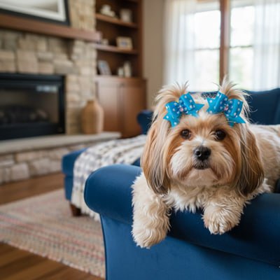 Lhasa Apso posant avec un noeud papillon chien bleu électrique sur un accoudoir bleu.