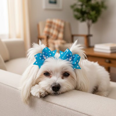 Bichon Maltais couché sur un canapé beige avec son noeud papillon chien bleu turquoise.