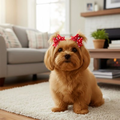 Un petit Yorkshire avec un noeud papillon chien rouge à pois sur la tête dans un salon.