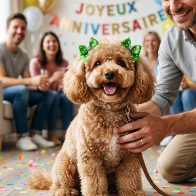 Caniche et son noeud papillon chien vert devant le décor "Joyeux Anniversaire".