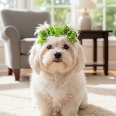 Bichon Maltais portant un noeud papillon chien vert menthe à pois, assis dans un fauteuil.