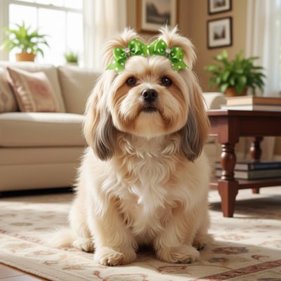 Shih Tzu assis avec un double noeud papillon chien vert à pois blancs sur le crâne.