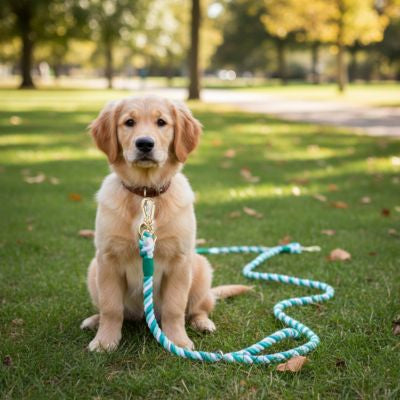 Chiot Golden Retriever assis avec une longe pour chien en corde tressée vert menthe et blanc.