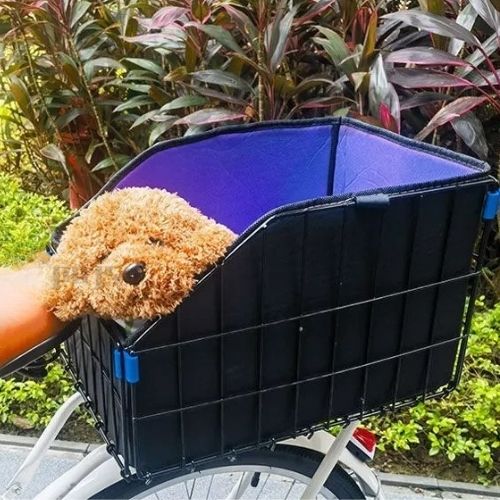 Caniche beige installé dans un panier chien vélo noir avec intérieur bleu et violet.