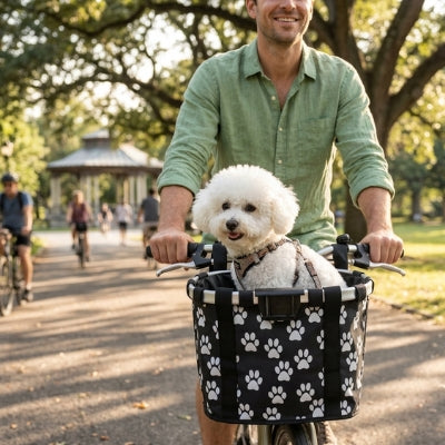 Bichon Frisé avec harnais dans un panier chien vélo noir à motifs pattes dans un parc ensoleillé.