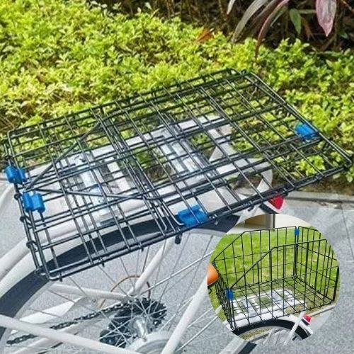 Panier chien vélo en métal noir présenté en position repliée à plat sur le porte-bagages.
