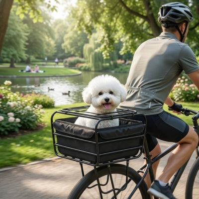 Bichon frisé dans un panier pour velo chien noir sur le porte-bagages d'un cycliste casqué.