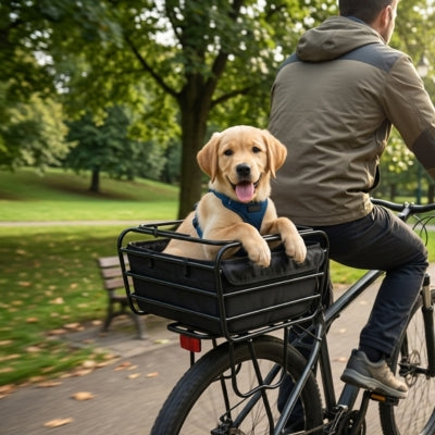 Chiot Labrador dans un panier pour velo chien noir fixé à l'arrière d'un VTT dans un parc.