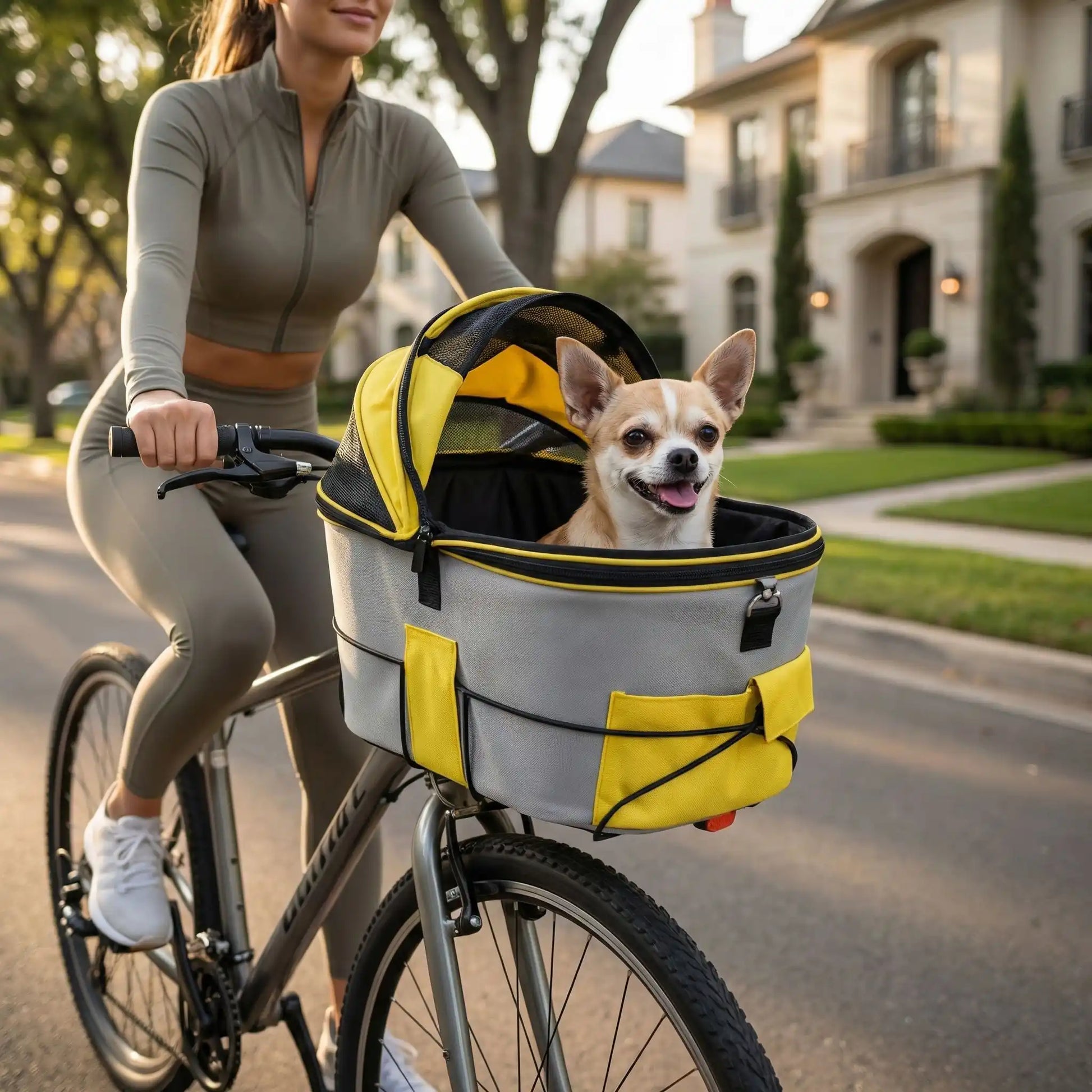Petit Chihuahua dans un panier pour vélo chien gris et jaune fixé au guidon en ville.